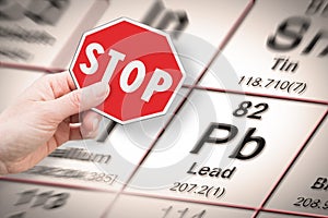 Stop heavy metals - Concept image with hand holding a stop sign against a Lead chemical element with the Mendeleev periodic table