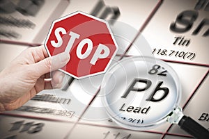 Stop heavy metals - Concept image with hand holding a stop sign against a Lead chemical element with the Mendeleev periodic table