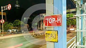 Stop here sign for bus at bus stop in Jakarta Indonesia