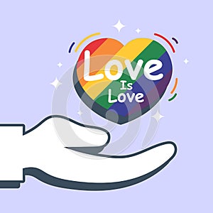 Stop Homophobia and Heterosexism love is love LGBT pride rainbow heart hand poster design vector