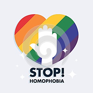 Stop Homophobia LGBT pride hand protest rainbow background heart poster placard vector