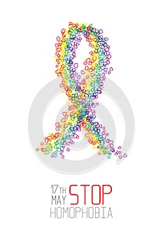 Stop homophobia. Ribbon from little hearts in lgbt flag colors.