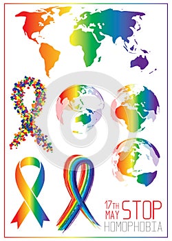 Stop homophobia. Ribbon from little hearts in lgbt flag colors.