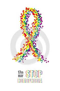 Stop homophobia. Ribbon from little hearts in lgbt flag colors.