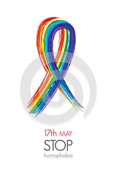 Stop homophobia. Watercolor rainbow ribbon.