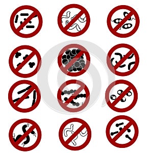 Stop the infection, a set of vector icons of different micro-organisms and bacteria, virus, are wiped out, hygiene