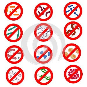 Stop the infection, a set of vector icons of different micro-organisms and bacteria, virus, are wiped out, hygiene