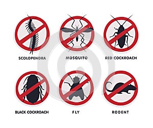 Stop Insect Ban Sign with Red Cross Circle and Bug Inside Vector Set