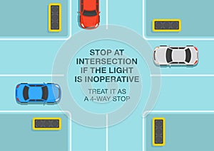 Stop at intersection if the traffic light is inoperative, treat it as a 4-way stop. Top view of a crossroad.