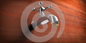 Stop leaking. Metal faucet blocked with a cork on brown wall background. 3d illustration