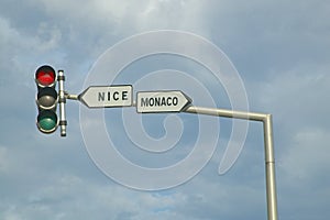 Stop light with direction sign, Nice or Monaco