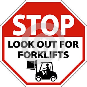 Stop Look Out For Forklifts Sign On White Background