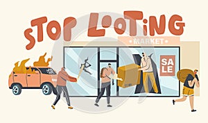 Stop Looting Concept. Aggressive Masked Characters Breaking Store Showcase for Steeling Goods, Damage Cars and Equipment