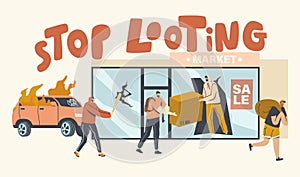 Stop Looting Concept. Aggressive Masked Characters Breaking Store Showcase for Steeling Goods, Damage Cars and Equipment photo