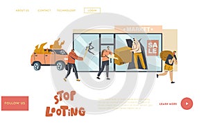 Stop Looting Landing Page Template. Aggressive Masked Male Characters Breaking Store Showcase for Steeling Goods photo