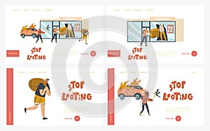 Stop Looting Landing Page Template Set. Aggressive Masked Male Characters Breaking Store Showcase for Steeling Goods