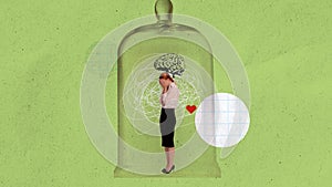 Stop motion, animation. Advertisement for cognitive behavioral therapy clinic. Self-help. Woman inside glass bottle with