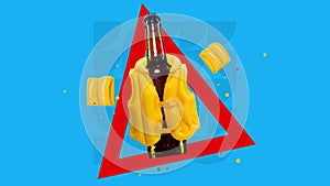 Stop motion. Animation. Bottle of cold beer in life vest in red triangle isolated over blue background