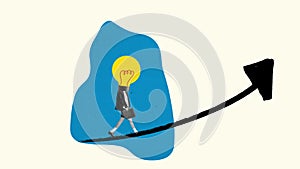 Stop motion, animation. Businessman going up with lightbulb on arrow as a symbol of career. Concept of business, growth
