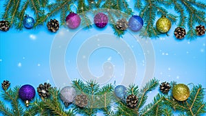 Stop motion animation Christmas background with snowflakes on a blue background copy space. Decorations New Years motion top view