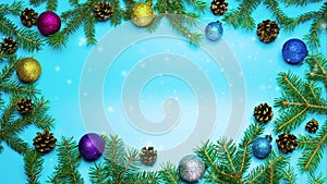 Stop motion animation Christmas background with snowflakes on a blue background copy space. Decorations New Years motion top view