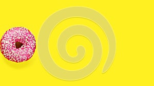 Stop motion animation of delicious donut on tellow background.