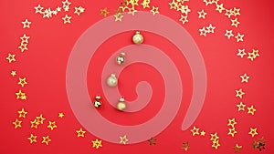 Stop motion christmas tree made of ball decoration on red background. Concept holiday atmosphere, new year, celebration, videocard