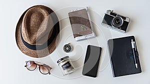 Stop motion of travel accessories and items on white background, Travel planning concept