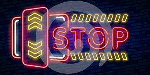 Stop Neon Text Vector. Danger neon sign, design template, modern trend design, night neon signboard, night bright advertising, lig