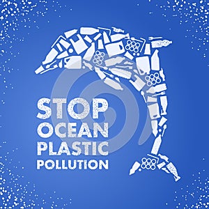 Stop ocean plastic pollution. Ecological poster Dolphin composed of white plastic waste bag, bottle on blue background