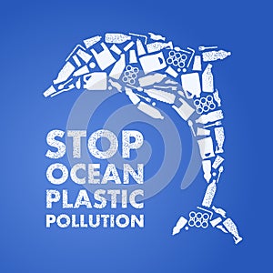 Stop ocean plastic pollution. Ecological poster. Dolphin composed of white plastic waste bag, bottle on blue background