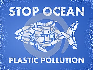 Stop ocean plastic pollution. Ecological poster Fish composed of white plastic waste bag, bottle on blue background