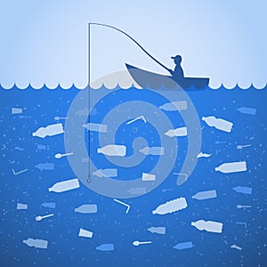 Stop ocean plastic pollution. Ecological poster. Fisherman fishing. There are plastic garbage, bottle on blue background in the