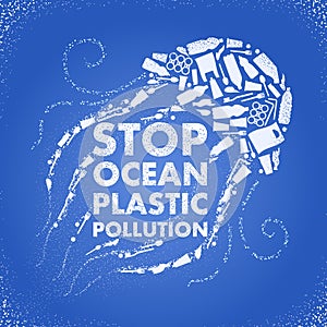 Stop ocean plastic pollution. Ecological poster Jellyfish composed of white plastic waste bag, bottle on blue background. Plastic