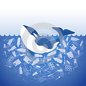 Stop ocean plastic pollution. Ecological poster orca in water with white plastic waste bag, bottle on blue background. Killer