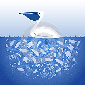 Stop ocean plastic pollution. Ecological poster Pelican in water with white plastic waste bag, bottle on blue background. Sea bird