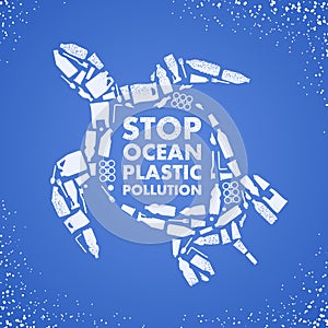 Stop ocean plastic pollution. Ecological poster. Turtle composed of white plastic waste bag, bottle on blue background