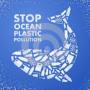 Stop ocean plastic pollution. Ecological poster. Whale composed of white plastic waste bag, bottle on blue background