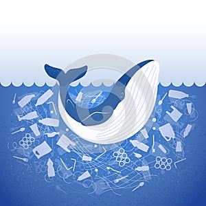 Stop ocean plastic pollution. Ecological poster whale in water with white plastic waste bag, bottle on blue background. Whale in