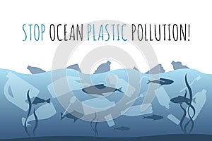 Stop ocean plastic pollution. Plastic garbage bag, bottle in the ocean graphic design. Water waste problem creative