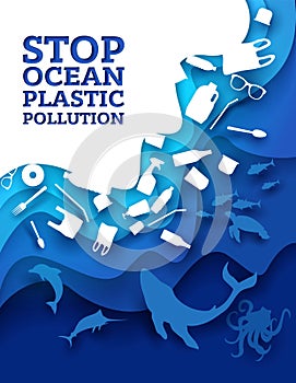 Stop ocean plastic pollution, vector paper cut illustration