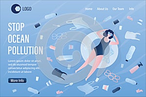 Stop ocean pollution landing page template. Various plastic garbage in sea. Woman floats on an rubber ring in dirty water