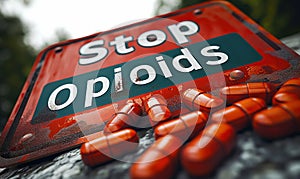 Stop Opioids Sign and Spilled Prescription Pills, Urgent Public Health Message on Drug Addiction and Painkiller Abuse Awareness