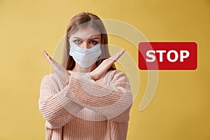 Stop pandemia. No coronavirus. Coronavirus outbreak. Viral infection. Stop inscription. Seasonal viruses. Woman in mask