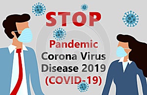 Stop pandemic COVID-19, 2019-nCoV, woman and man in suit with blue medical face mask. Concept of  stop Wuhan Novel corona virus