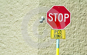 Stop Ped Crossing Signage, white on red