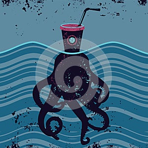 Stop plastic pollution. Ecology illustration with garbage and octopus. Eco concept vector illustration.