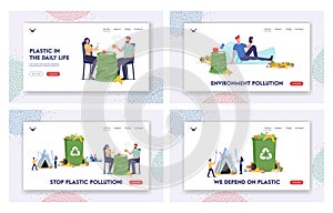 Stop Plastic Pollution Landing Page Template Set. People Living in Garbage and Mess, Unsanitary Conditions