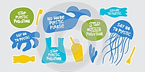 Stop plastic pollution word stickers set. Environment pollution, ecological problem