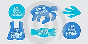 Stop plastic pollution word stickers set. Environment pollution, ecological problem